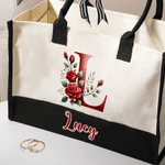 Personalised Large Capacity Red Rose Initial Canvas Tote Bag with Name Travel Essentials Valentine's Day Birthday Gift for Women