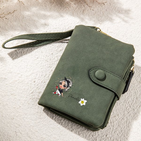 Personalizada de moda de dibujos animados Chica Nacimiento Flor PU Nombre de cuero Cartera con ranuras para tarjetas y correa de muñeca Regalo de cumpleaños para las niñas las mujeres
