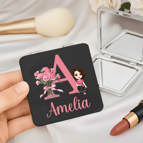 Personalised Birth Flower Cartoon Character PU Leather Round Heart  Square Makeup Mirror with Name Birthday Anniversary Gift for Women