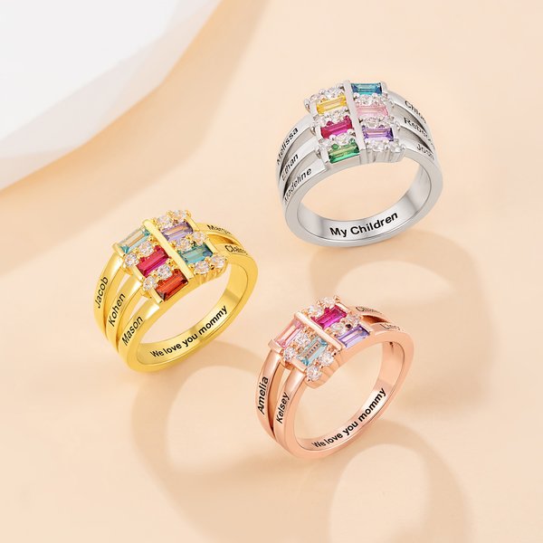 Personalised Dainty Sterling Silver Ring with 1-6 Birthstones and Name Anniversary Mother's Day Gift for Grandma Mom Wife