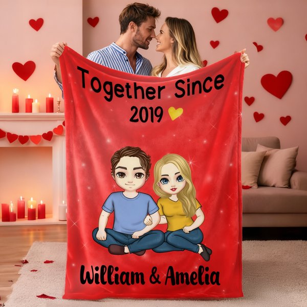 Personalised Together Since Many Years Rainbow Cartoon Character Soft Throw Blanket with Name Home Decor Birthday Valentine's Day Gift for Couple