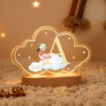 Personalized Wreath Animals Star Initial Acrylic LED Night Light with Name and Wooden Base Nursery Decor Birthday Gift for Kids