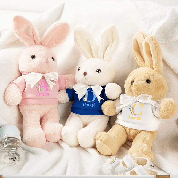 Personalised T-shirt Bow Bunny Plush Easter Bunny Stuffed Toy with Initial and Name Easter Gift for Newborns Kids