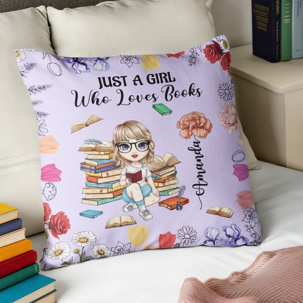 Personalised Cartoon Reading Character Birth Flower Soft Cushion Cover with Name and Quote Home Decor Birthday Gift for Women Girls