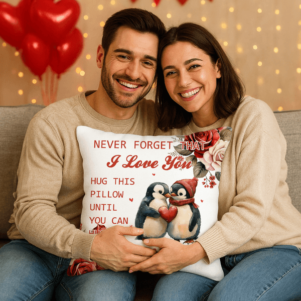 Personalised Never Forget That I Love You Penguin Heart Soft Cushion Cover with Name Anniversary Valentine's Day Gift for Couple