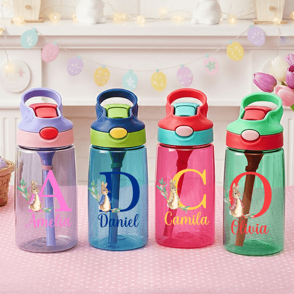 Henkilökohtainen söpö Peter Rabbit Initial 16 oz Kid vesipullo nimellä ja silikonipilli Ulkona syntymäpäivä pääsiäislahja lapsille