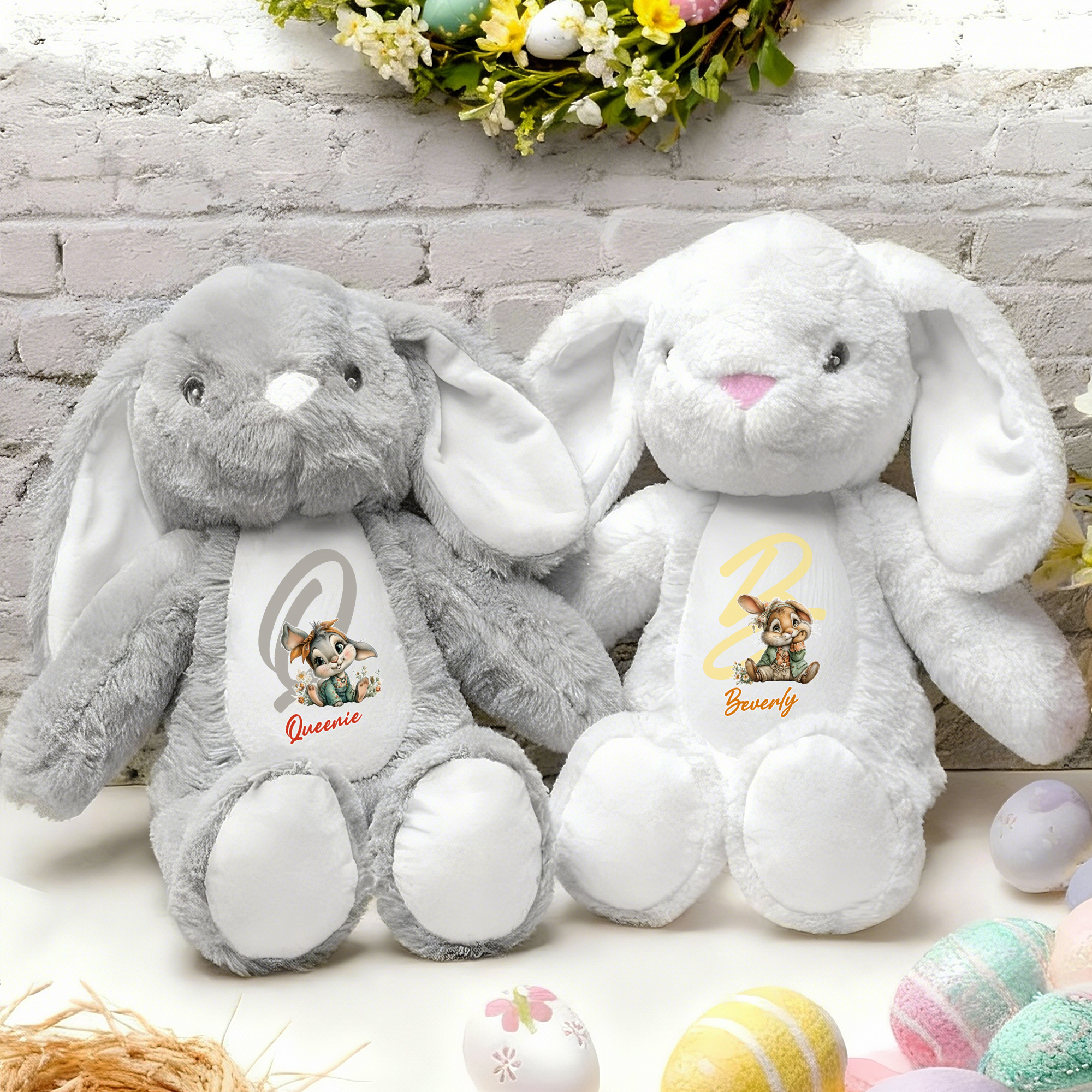 Personalisierte niedliche Kaninchen Plüsch Osterhase Plüschtier mit Initialen und Namen Ostern Geschenk für Kinder