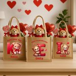 Personalised Cute Bear Heart Jute Tote Bag with Name and Initial Daily Use Valentine's Day Gift for Kids Children