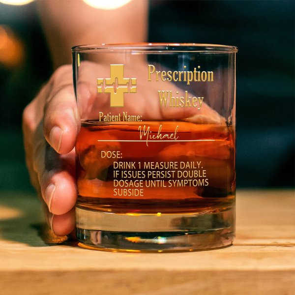 Personalised Funny Prescription Bourbon Whiskey Glasses and Slate Coaster with Name Father's Day Birthday Gift for Grandpa Dad