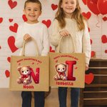 Personalised Cute Bear Heart Jute Tote Bag with Name and Initial Daily Use Valentine's Day Gift for Kids Children