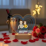 Personalized Cartoon Couple Character Heart-Shaped Name LED Night Light with Wooden Base Home Decor Valentine's Day Anniversary Gift for Couple