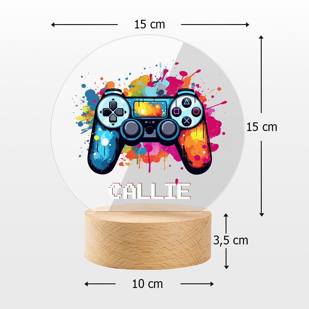 Personlig LED nattlampa med färgglad bläcksprutemönster gamepad controller och träbas med pixelnamn heminredning födelsedagspresent för barn 10