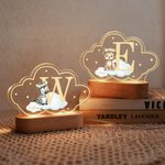 Personalized Wreath Animals Star Initial Acrylic LED Night Light with Name and Wooden Base Nursery Decor Birthday Gift for Kids