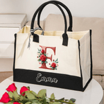 Personalised Large Capacity Red Rose Initial Canvas Tote Bag with Name Travel Essentials Valentine's Day Birthday Gift for Women