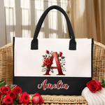 Personalised Large Capacity Red Rose Initial Canvas Tote Bag with Name Travel Essentials Valentine's Day Birthday Gift for Women