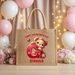 Personalised Cute Bear Heart Jute Tote Bag with Name and Initial Daily Use Valentine's Day Gift for Kids Children