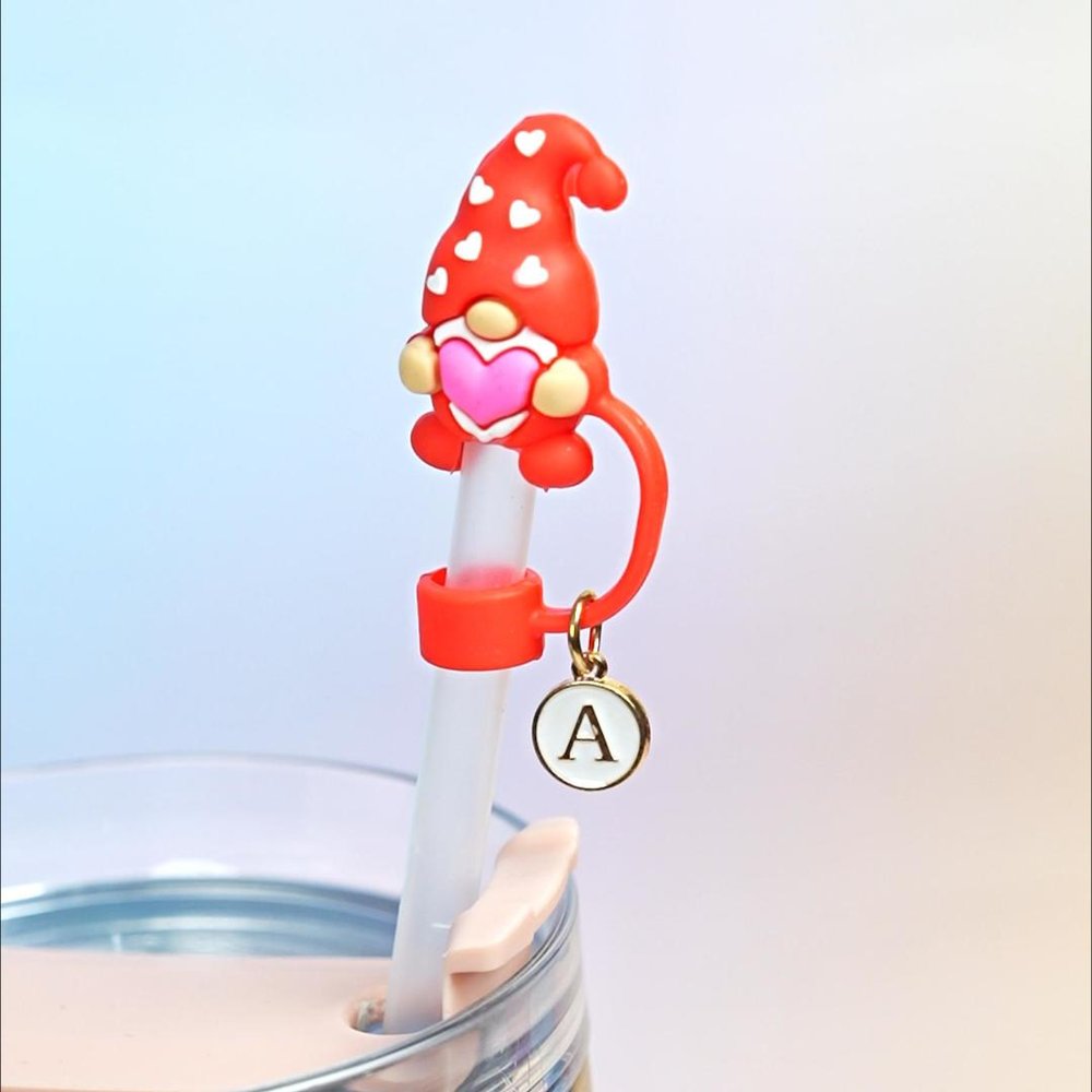 Personalised Gnome Heart Reusable Straw Topper with Initial Charm Accessory for Stanley Tumbler Valentine's Day Gift for Couple 5