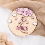 Personalised Teddy Bear Footprints Wooden Baby Announcement Sign with Name and Birth Stats Baby Shower Gift for Newborns Expectant Parents