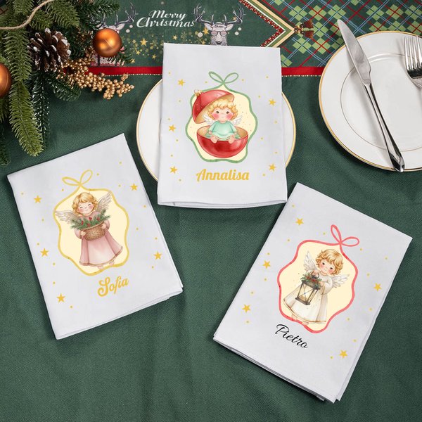 Tovagliolo riutilizzabile personalizzato in cotone con nome e angelo di Natale decorazione festiva per la tavola regalo di Natale per famiglia e amici