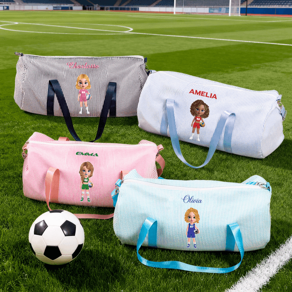 Personalised Cartoon Basketball Soccer Sports Girl Striped Travel Duffel Bag with Name and Shoulder Strap Birthday Gift for Girl Sport Lover