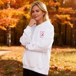 Personalised Multicolor Embroidered Ribbon Wavy Border Quarter Zip Sweatshirt Hoodie with Name Breast Cancer Awareness Gift for Cancer Survivor