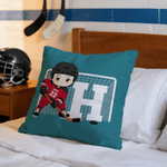 Taie d'oreiller personnalisée en forme de dessin animé de joueur de hockey sur glace avec nom, numéro et initiale Cadeau d'anniversaire pour les amoureux du hockey