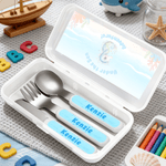 Personalised Cute Sea ​​Animals Safe Stainless Steel Fork Spoon Knife 3 Pcs Cutlery Set with Name and Case Birthday Gift for Boys Girls