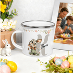 Taza esmaltada personalizada de 355 ml con borde de color nombre e inicial diseño de conejo de Pascua regalo de Pascua para niños y niñas