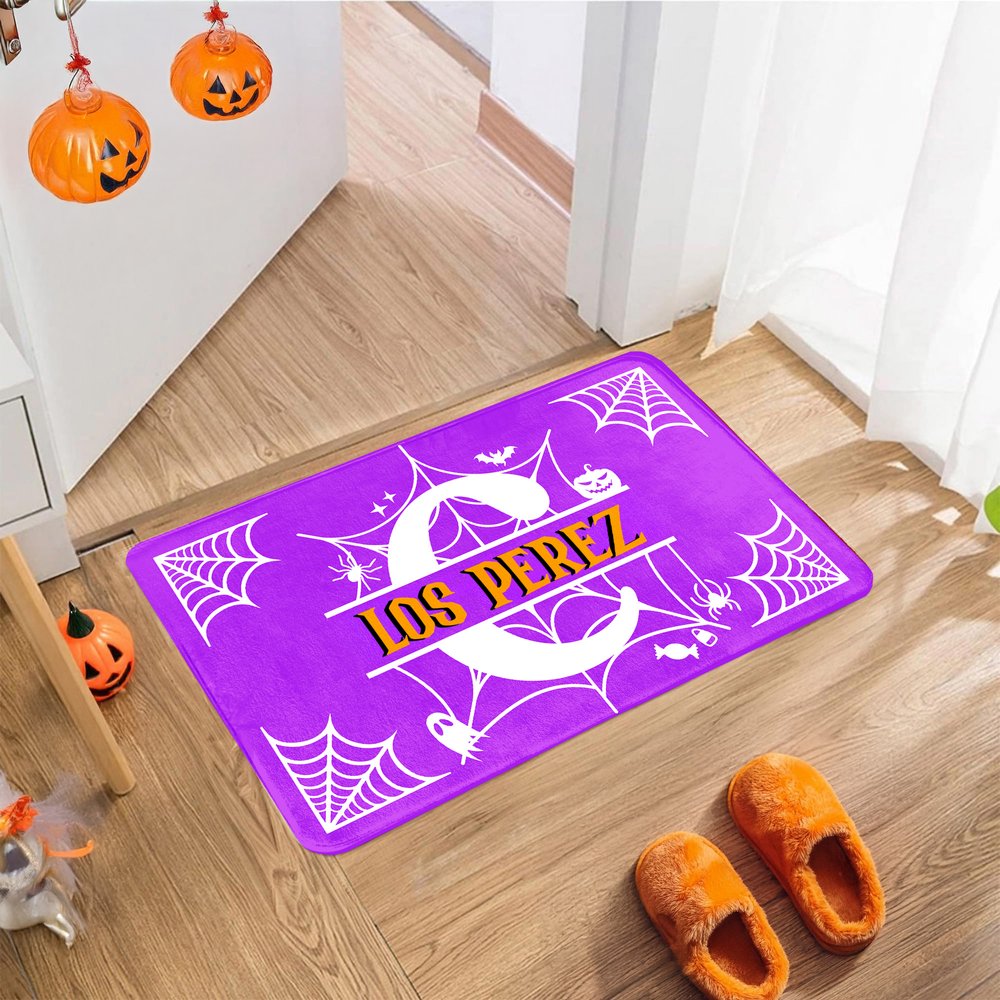 Alfombra personalizada con tema de Halloween y diseño de telaraña con nombre e iniciales decoración del hogar regalo de Halloween para familia 3