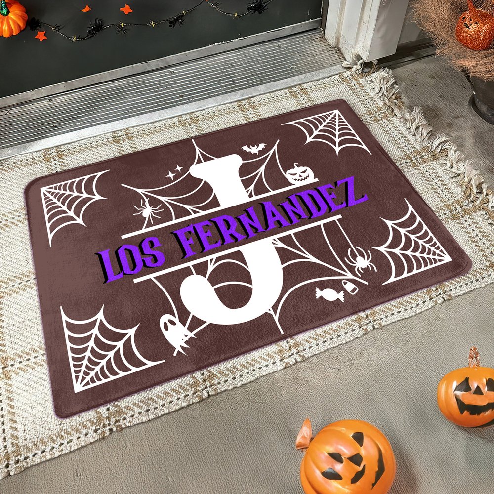 Alfombra personalizada con tema de Halloween y diseño de telaraña con nombre e iniciales decoración del hogar regalo de Halloween para familia 4