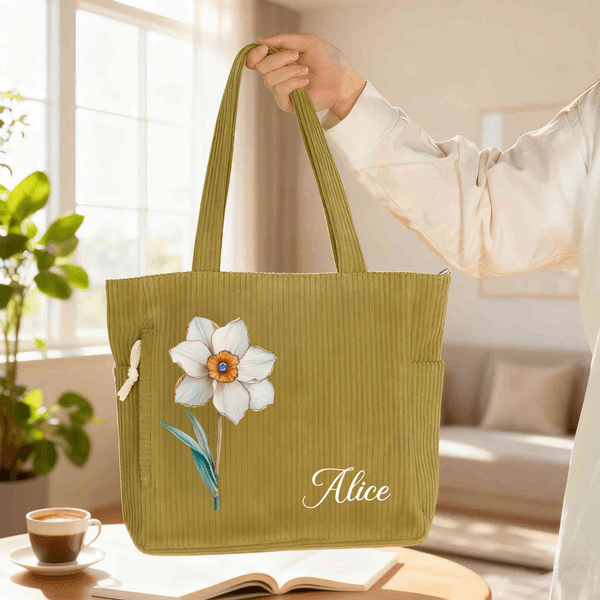 Personalized Birth Flower Corduroy Large Capacity Tote Bag with Name Daily Use Birthday Gift for Her