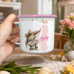 Tasse émaillée 355 ml peronnalisée avec nom initiale et motif de lapin - Cadeau de Pâques anniversaire rentrée scolaire pour les enfants