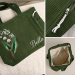 Personalisierte Cord-Tragetasche mit Reißverschluss Geburtsblume und Namen Tote Bag Alltag Geburtstag Bachelorette Party Geschenk für Damen