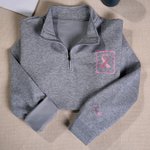 Personalised Multicolor Embroidered Ribbon Wavy Border Quarter Zip Sweatshirt Hoodie with Name Breast Cancer Awareness Gift for Cancer Survivor