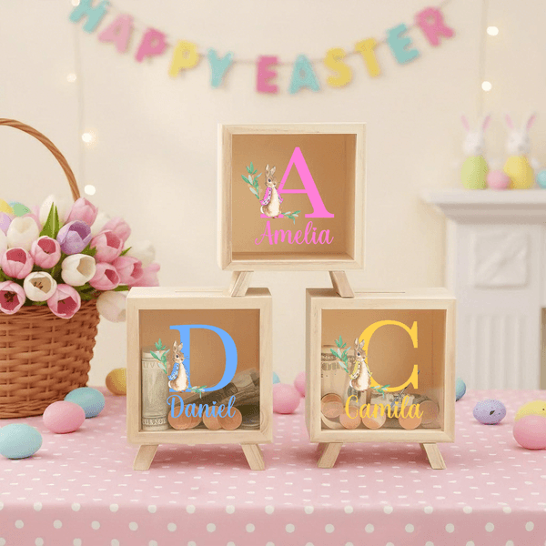 Conejito de Pascua personalizado Hucha transparente con inicial y nombre Decoración de habitación Pascua Cumpleaños Regalo para niños