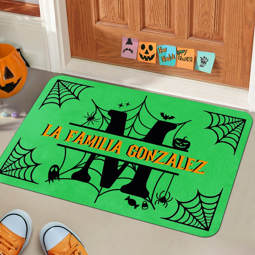 Alfombra personalizada con tema de Halloween y diseño de telaraña con nombre e iniciales decoración del hogar regalo de Halloween para familia 2