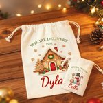 Personalised Special Delivery Cute Snowman Drawstring Canvas Gift Bag with Name Christmas Party Gift for Kids Family