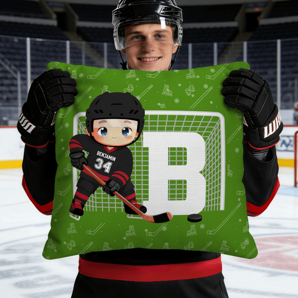 Personalizzato Multicolore Cartoon Ice Hockey Player Morbido cuscino copricuscino con nome e numero e iniziale Home Decor Regalo di compleanno per gli amanti dell'Hockey