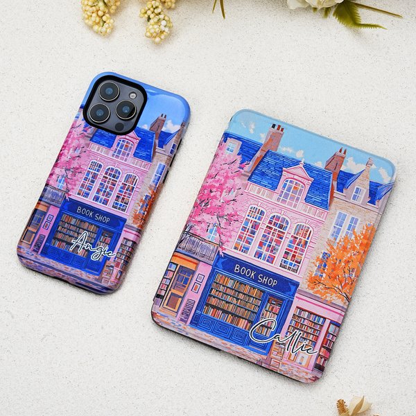 Personalised Vintage Pink Bookshop Portable Kindle Case Phone Case for iPhone or Samsung with Name Daily Use Birthday Gift for Book Lovers Bookworms