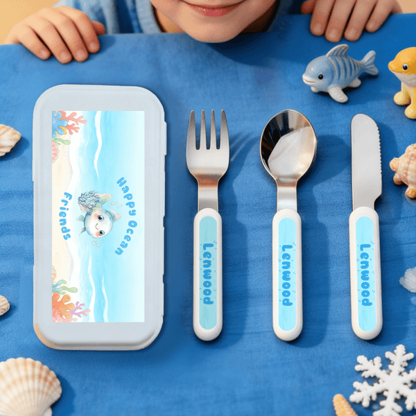 Personalised Cute Sea ​​Animals Safe Stainless Steel Fork Spoon Knife 3 Pcs Cutlery Set with Name and Case Birthday Gift for Boys Girls