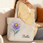 Personalisierte Cord-Tragetasche mit Reißverschluss Geburtsblume und Namen Tote Bag Alltag Geburtstag Bachelorette Party Geschenk für Damen