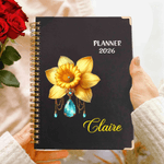 Personalized Birth Flower Gemstone 2026 Planner Spiral A5 Notebook with Name and Weekly Monthly Planner Pages Daily Use Birthday Gift for Students