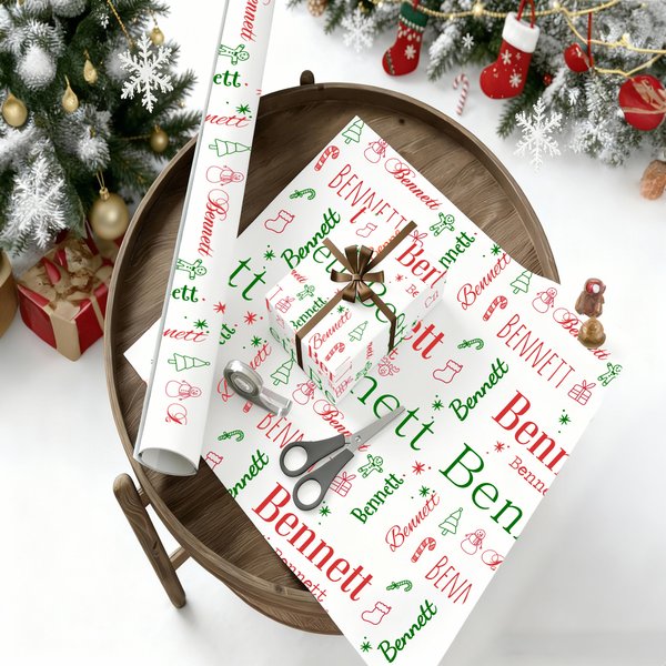 Personalised Snowman Reindeer Sweets Cane Wrapping Paper with Name Christmas DIY Craft Packaging Gift for Family Kids