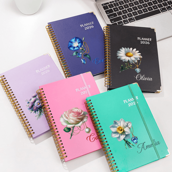 Planificador Personalizado Flor de Nacimiento Piedra Preciosa 2026 Cuaderno Espiral A5 con Nombre y Planificador Semanal Mensual Páginas Uso Diario Regalo de Cumpleaños para Estudiantes