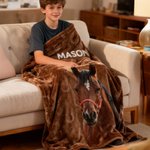 Personalisierte mehrfarbige weiche Decke mit Pferd Foto Hufeisen Druck Namen Zimmer Deko Geburtstagsgeschenk für Pferdeliebhaber