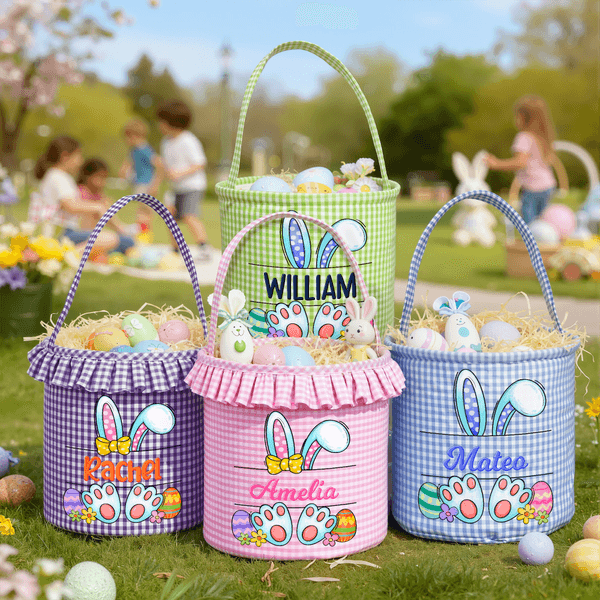Cesta de Pascua personalizada multicolor con el nombre de Peter Rabbit en tela escocesa de gran capacidad para niños y niñas