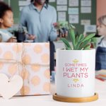 Maceta de cerámica personalizada con nombre, texto y base de bambú Decoración de escritorio Regalo de cumpleaños para amantes de las plantas