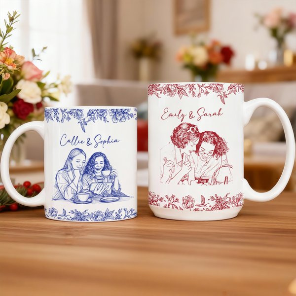 Personalizada Retro Pluma Estilo Dibujo Foto Floral 11 oz 15 oz Taza de Cerámica con Texto Uso Diario Regalo de Cumpleaños para Amigos Besties