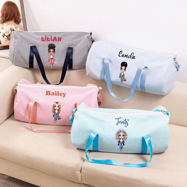 Personalisierte Cartoon Travel Charakter gestreift Canvas Travel Duffel Bag mit Namen und Schultergurt täglichen Gebrauch Geburtstag Geschenk für Frauen