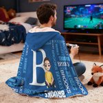 Personalised Cartoon Character Word Cloud Soft Hooded Blanket with Initial and Names Home Decor Birthday Anniversary Gift for Family Kids